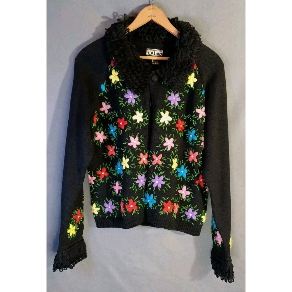 Vintage Berek Cardigan Womens Large Sweater Floral Embroidered Grannycore